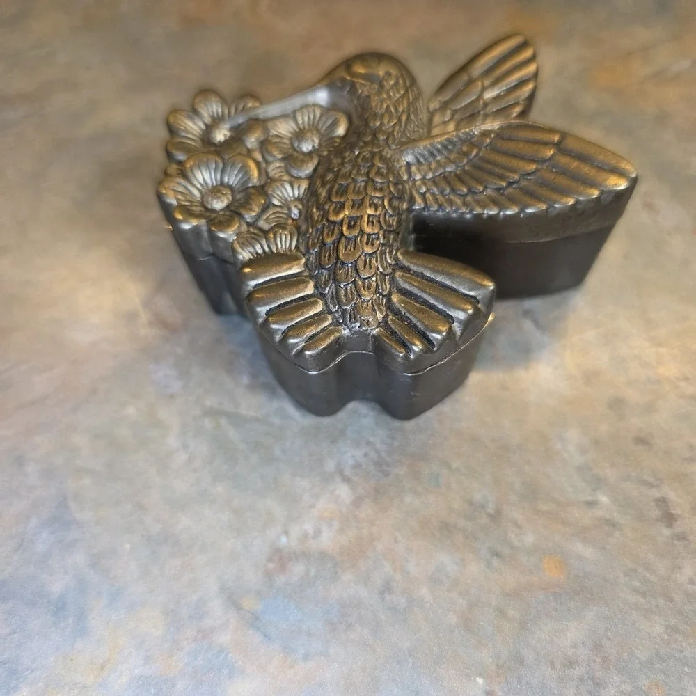 Vintage Silver Plated Hummingbird Trinket Box Lined Bird Garden